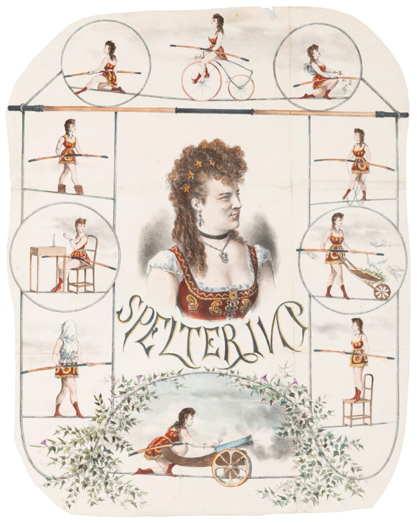 An illustrated colour poster of Maria Spelterini performing various feats on a tightrope including sitting, pushing a wheelbarrow, and walking with buckets on her feet.