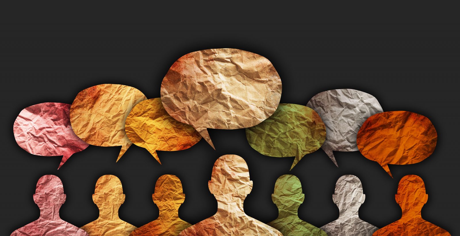 Several silhouettes of people with conversation bubbles above their heads, in a variety of colours.