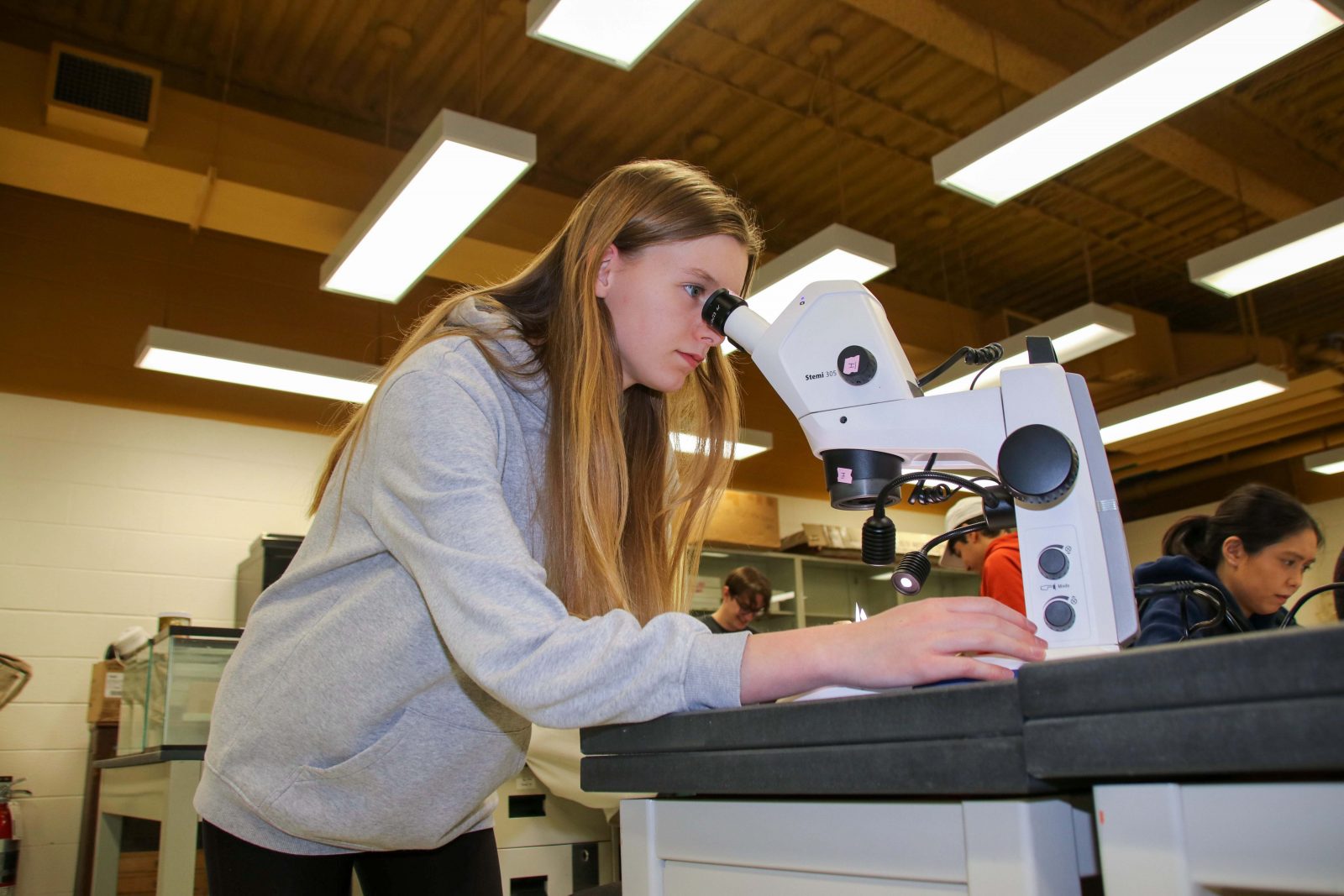 A woman looks into a microscope in a university laboratory.