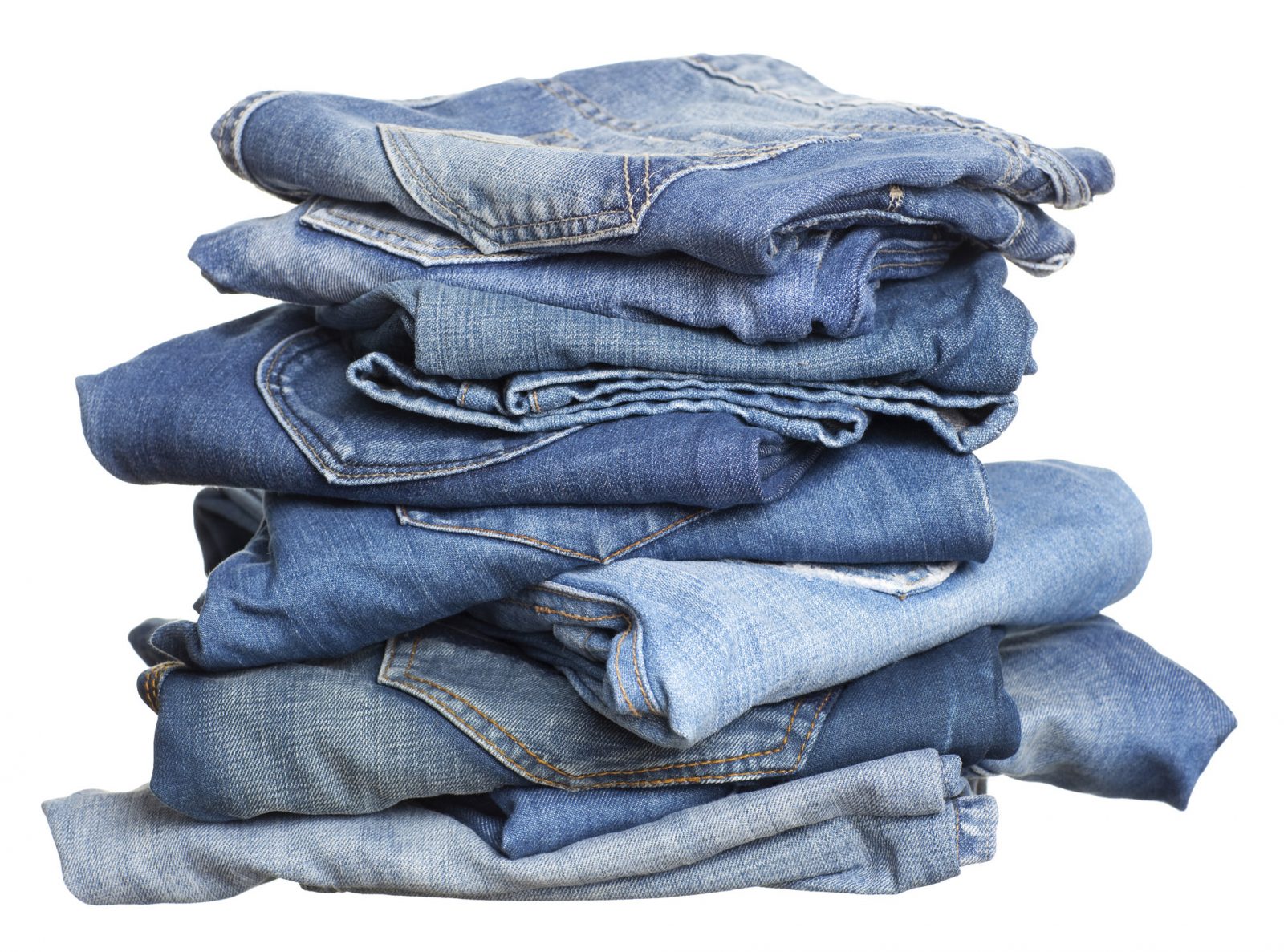 A stack of denim blue jeans.