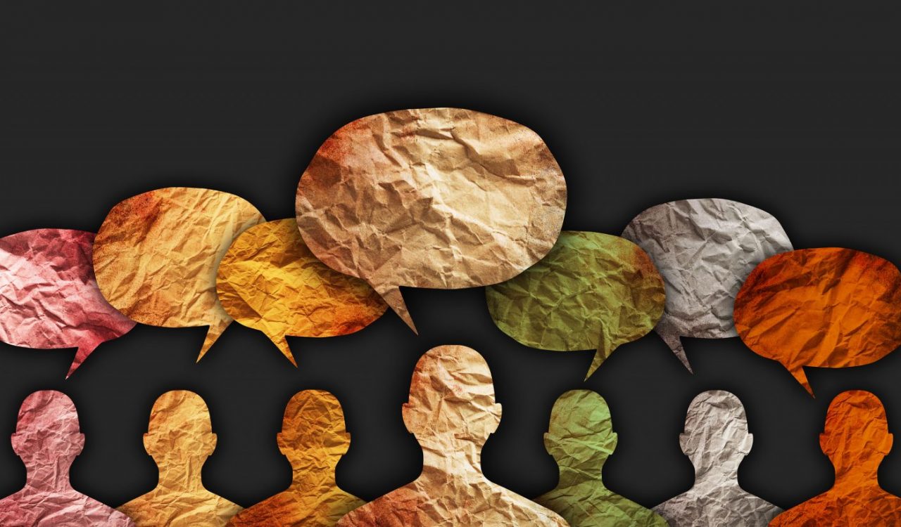 Several silhouettes of people with conversation bubbles above their heads, in a variety of colours.