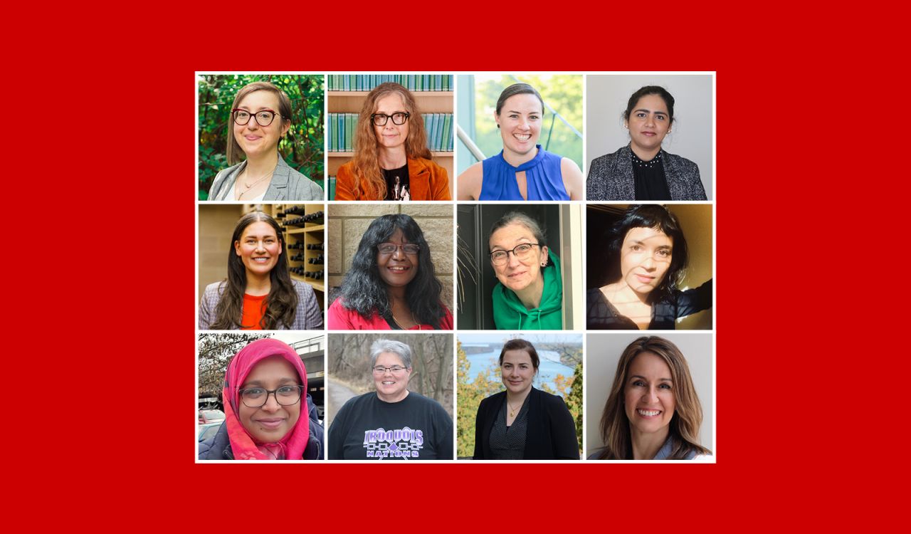 Twelve head-and-shoulders photos of women researchers at Brock University are arranged in three rows of four photos in each row framed by a red backdrop.