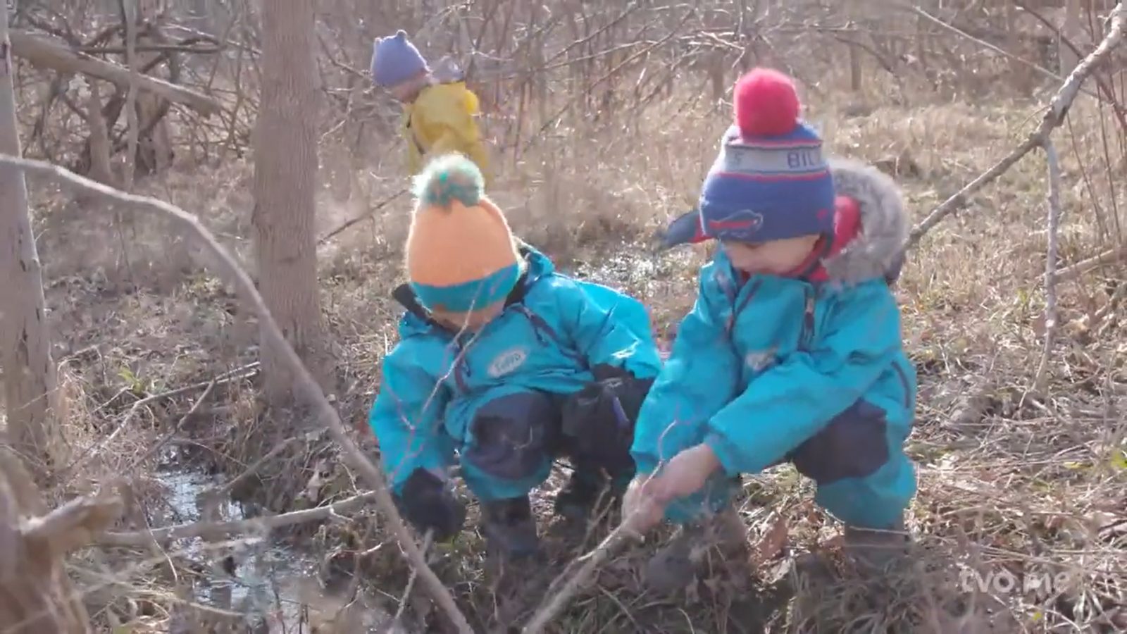 Two small children play with sticks in a forest while wearing winter gear.