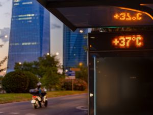A person on a moped drives down a city street. A sign beside the road indicates it is 37 degrees Celsius.