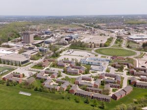 Aerial view of the west end of Brock’s campus over Alumni Field with Village Residence in the foreground.