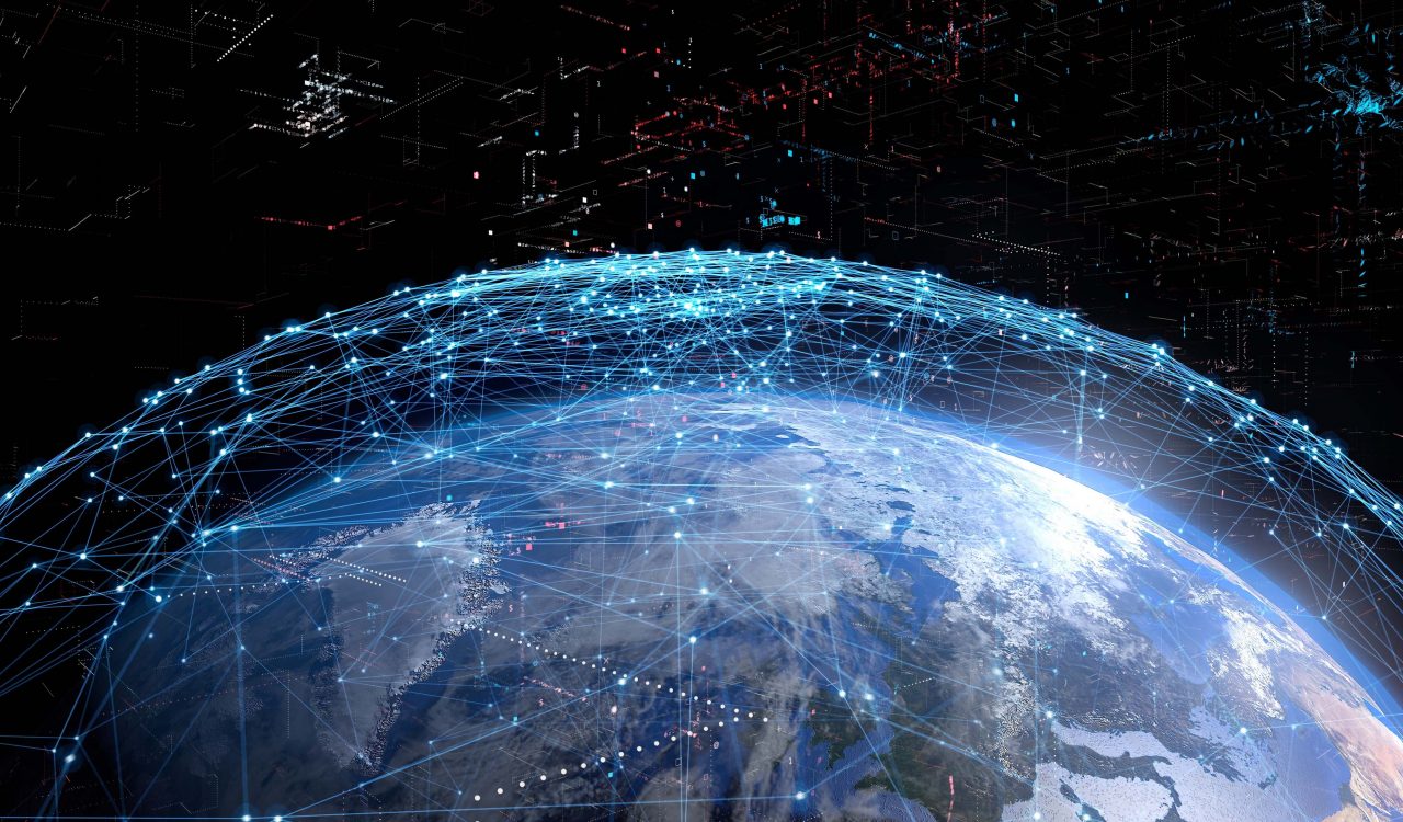 A view of Earth from space with technology networks illustrated around it.