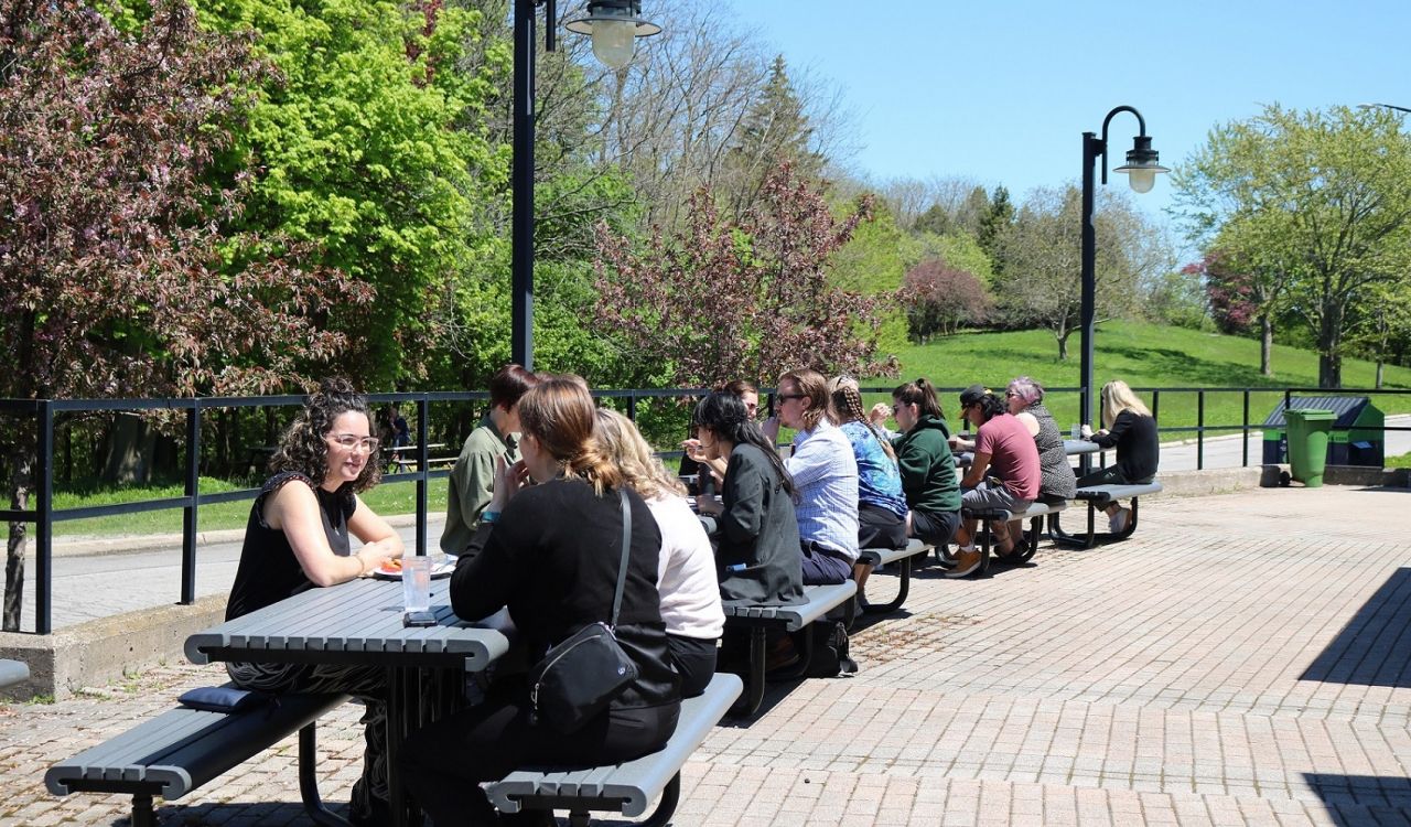 A group of people sit at picnic tables outdoors eating as trees blossom in the background.