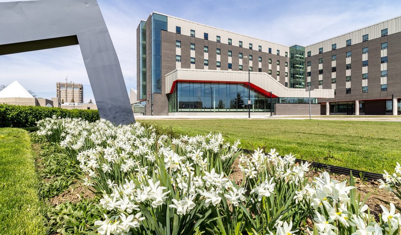 An exterior view of Brock University Residence 8 with the Arthur Schmon Tower in the background.