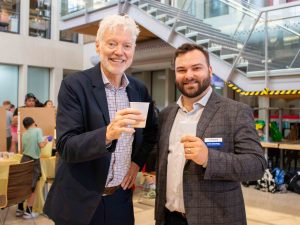 Dean of the Goodman School of Business, Barry Wright, and Community Partnership Coordinator at FirstOntario Credit Union, Colin Schuringa, enjoy a glass of lemonade.