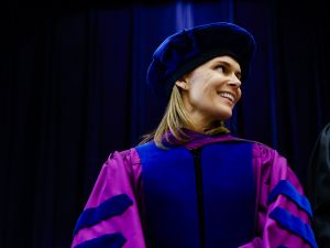 Brock University Associate Professor of Sport Management Shannon Kerwin wearing ceremonial academic regalia.