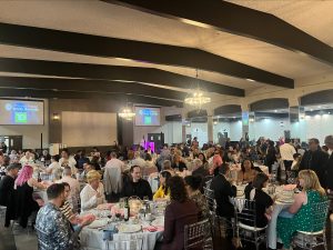 A large group of people in a formal ballroom at a gala event.