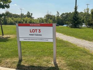 A sign reading “Lot 3” stands in the grass at the edge of one of a parking lot.