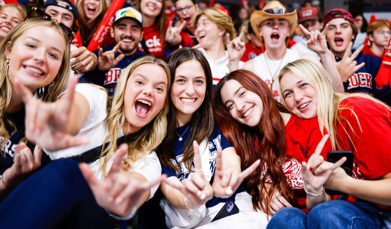 A crowd of people with excited expressions on their faces raise their hands in celebration while sitting in a hockey arena.