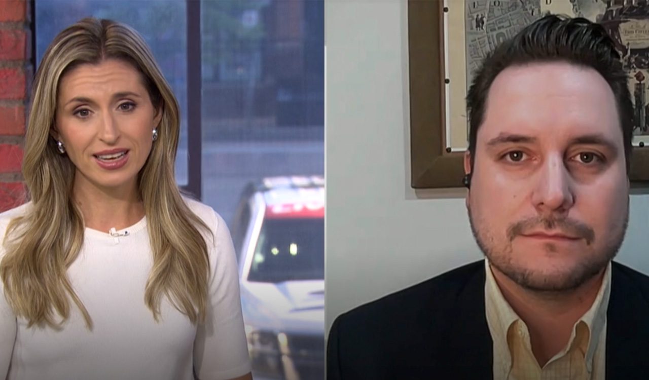 Split-screen of Taylor McKee and a female CP24 reporter side-by-side during a television interview