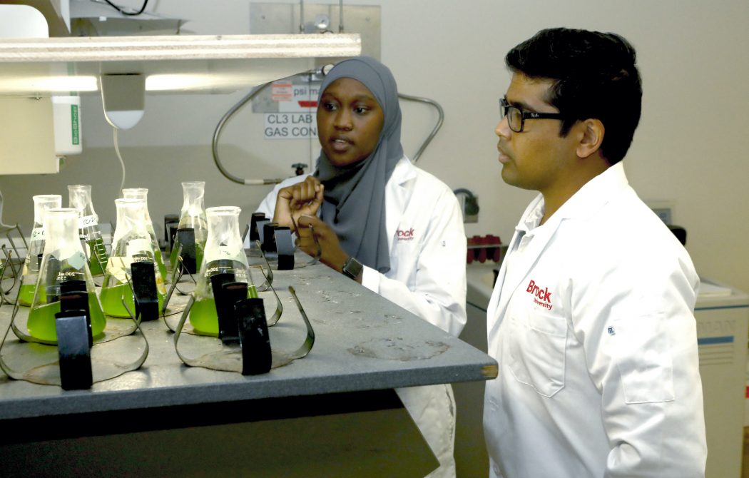 Head-and-shoulders view of undergraduate Chemistry student Reem Mahamoud (left) and Assistant Professor of Chemistry Vaughn Mangal (right) standing to the right of a table looking at a collection of beakers with green liquid inside.