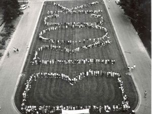 People stand in a green field spelling out the words "Brock 25th" as seen from the sky.