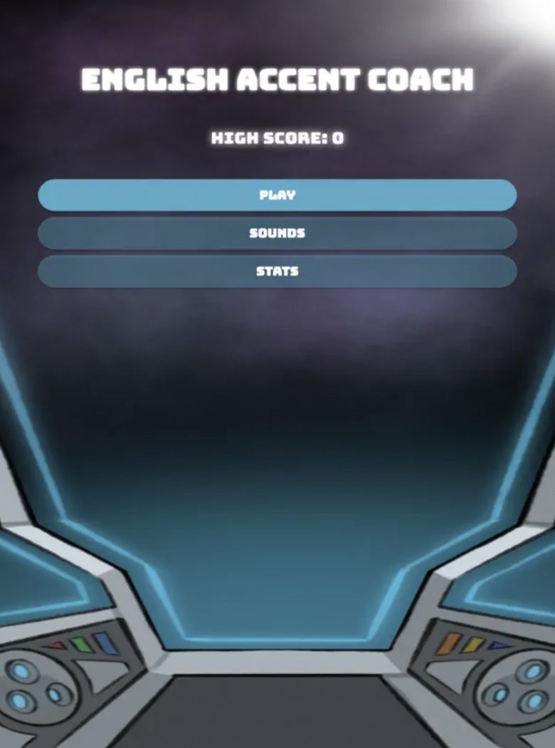 Image from English Accent Coach Asteroids app shows the interior of a cartoon spaceship and buttons for Play, Sounds and Stats.