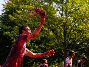 A man whips a handful of grapes under a large tree on a sunny day.