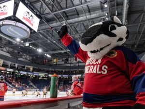 Boomer the Badger mascot waves to the crowd in a hockey arena.