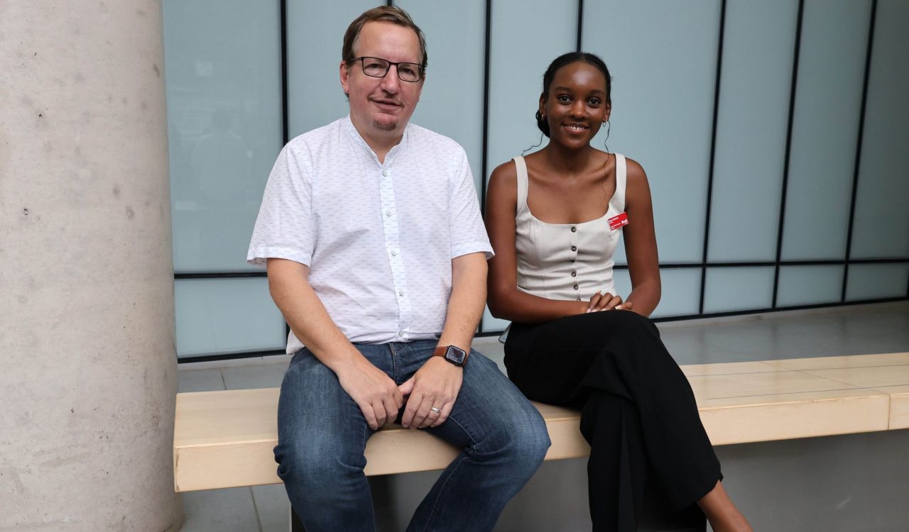 Professor Ron Thomson and Dawn Kakiroko (BA ’24) in the Cairns complex on Brock’s main campus.