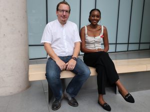 Professor Ron Thomson and Dawn Kakiroko (BA ’24) in the Cairns complex on Brock’s main campus.