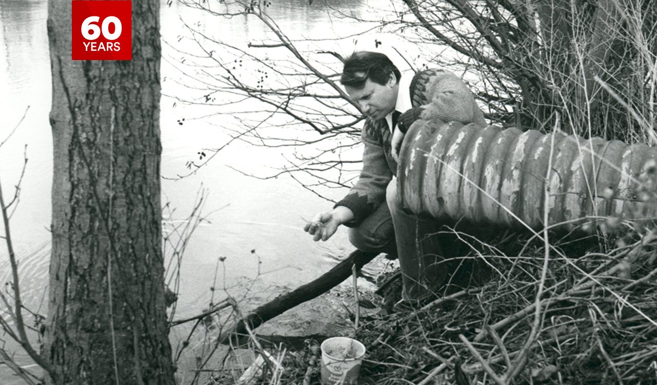 Then-Brock Biology Professor Michael Dickman squats next to, and leans his arm upon, a pipe jutting out of the ground covered by bushes and branches on the edge of the Welland River. He is examining something he is holding in his hand.