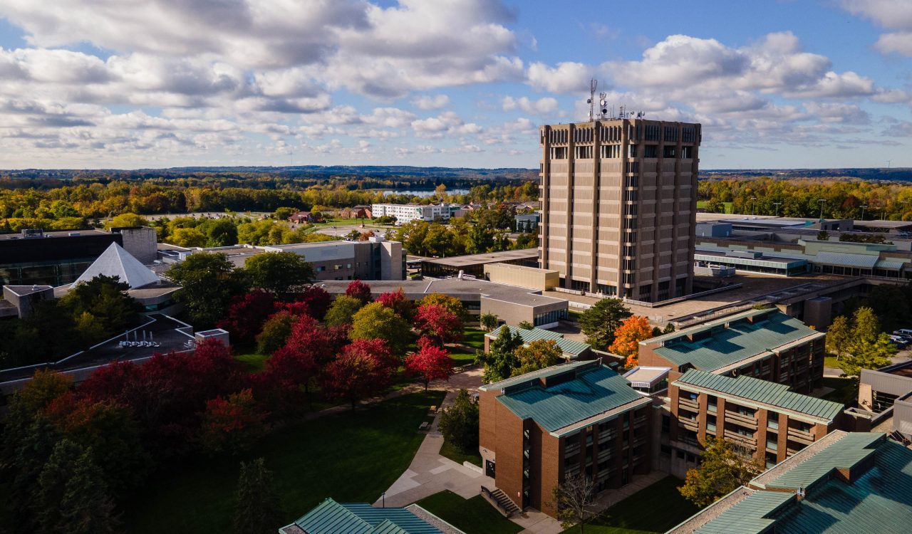An aerial view of Brock's main campus in the fall.