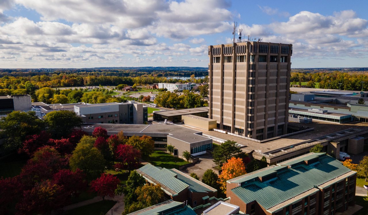 An aerial view of Brock University's main campus on a sunny fall day.