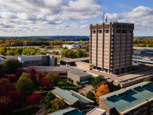 An aerial view of Brock University's main campus on a sunny fall day.