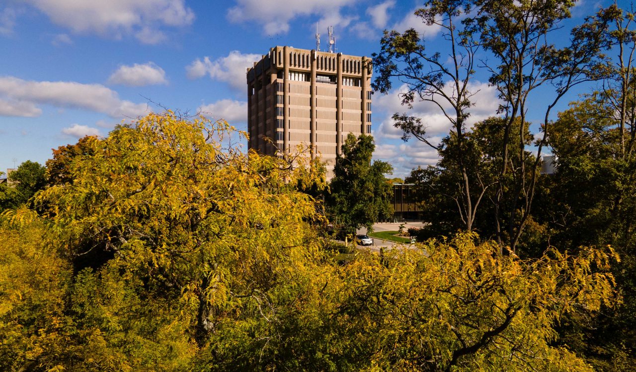 An aerial view of Brock University's main campus on a sunny fall day.
