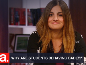 Natalie Spadafora conducts a television interview in the studio with TVO