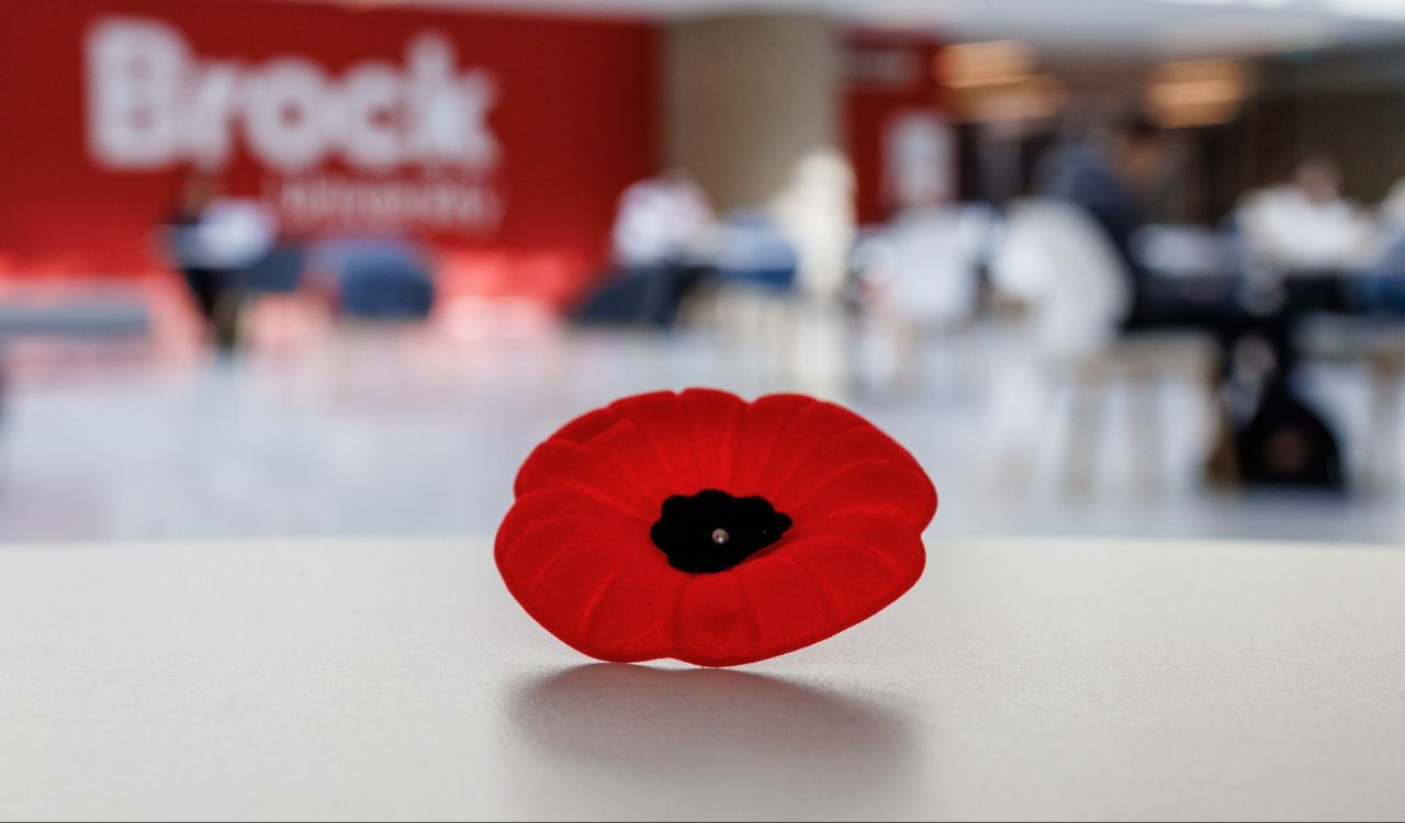 A red poppy pin sits on a white table in a brightly-lit room with a red wall in the background with the words Brock University in white.