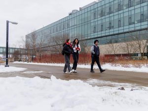 Three people walk on a cleared sidewalk on a snowy day.