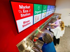 Three people are seen using a Market Eco Station to sort waste materials. The station features multiple labeled sections, including a "Rinse Station" for cleaning containers, and bins for "Organics" and "Recycle." The individuals are rinsing cups and placing items into the appropriate bins, promoting sustainable waste management practices.