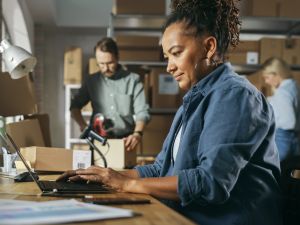 Woman in the foreground sitting at a counter typing on a laptop with parcels and papers around her, with a man and a woman examining boxes and a shelf of boxes fuzzed out in the background.