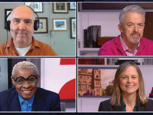 A splitscreen image showing four individuals doing a panel interview on television.