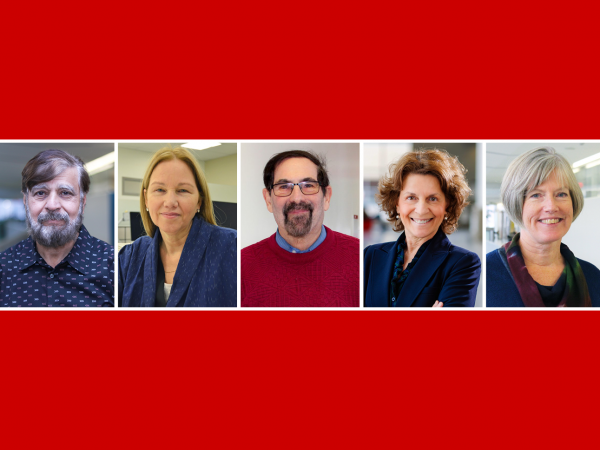 A gallery of five headshots on a red background