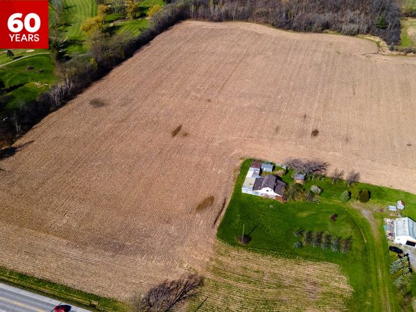 Aerial view of a brown field lined with bare trees with a green patch containing buildings and trees.