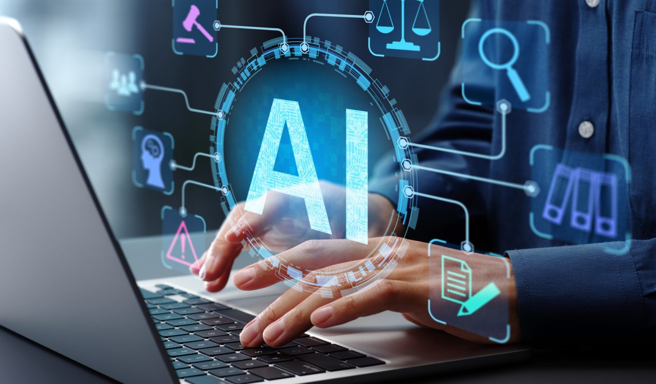 A man's hands typing at a laptop with a superimposed AI image overtop.