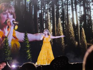 Taylor Swift wears an orange dress on stage during the Eras tour.