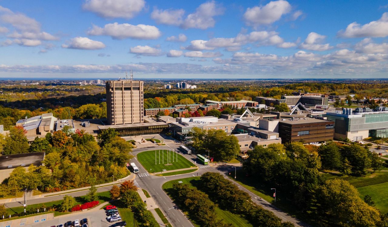 A green university campus is pictured from the sky.