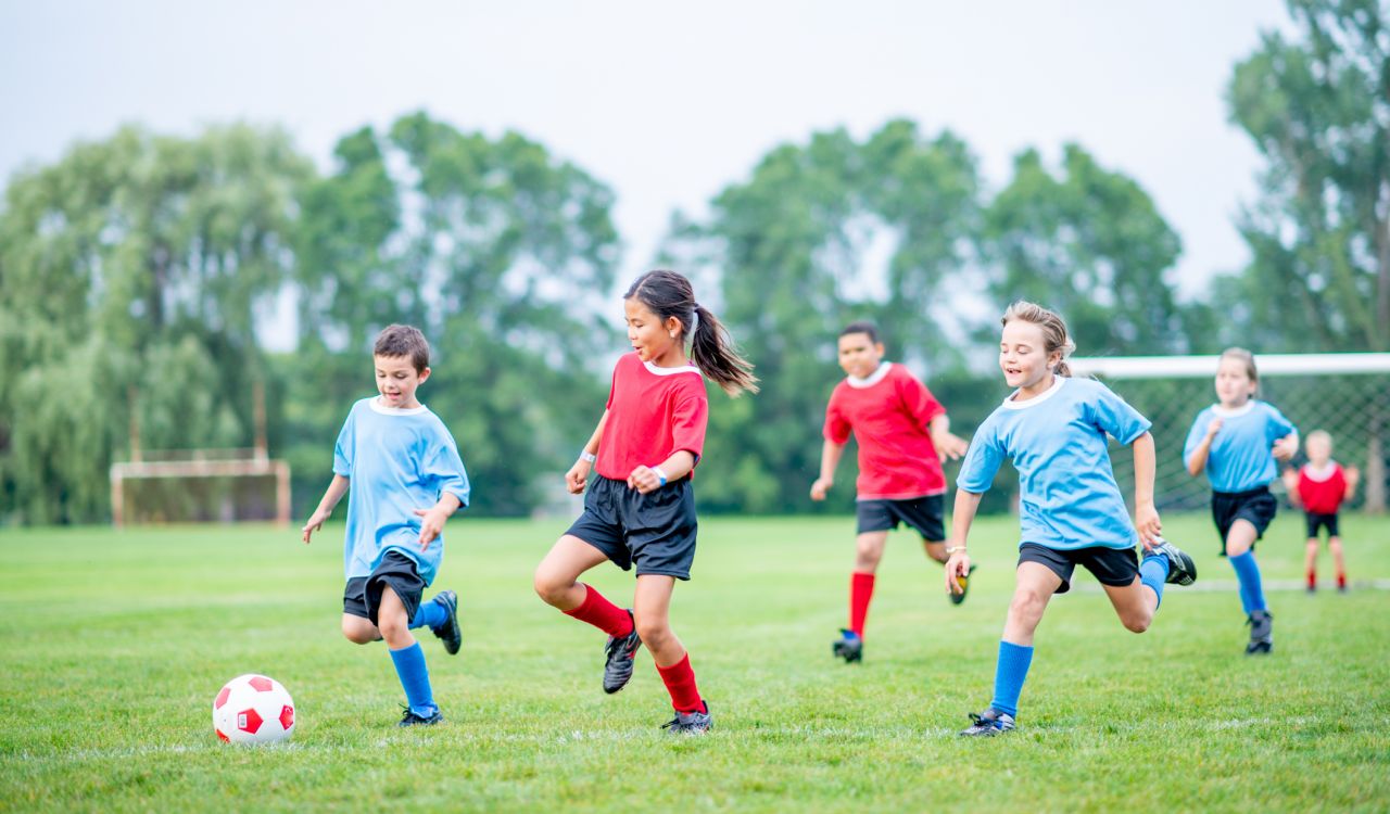 A group of children play soccer.