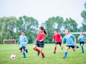 A group of children play soccer.