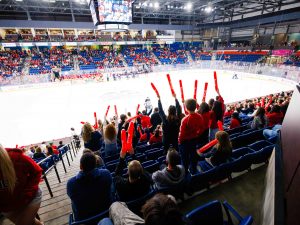 Fans cheer on a hockey team in an indoor arena.