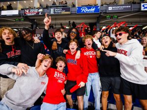 A large group of people cheer while sitting in seats in a packed arena.