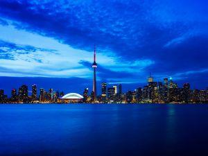 The Toronto skyline at dawn or dusk showing the CN Towers and Rogers Centre.