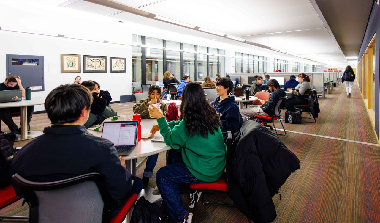Students study in a university library.