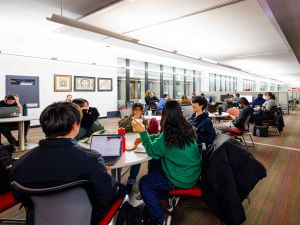 Students study in a university library.