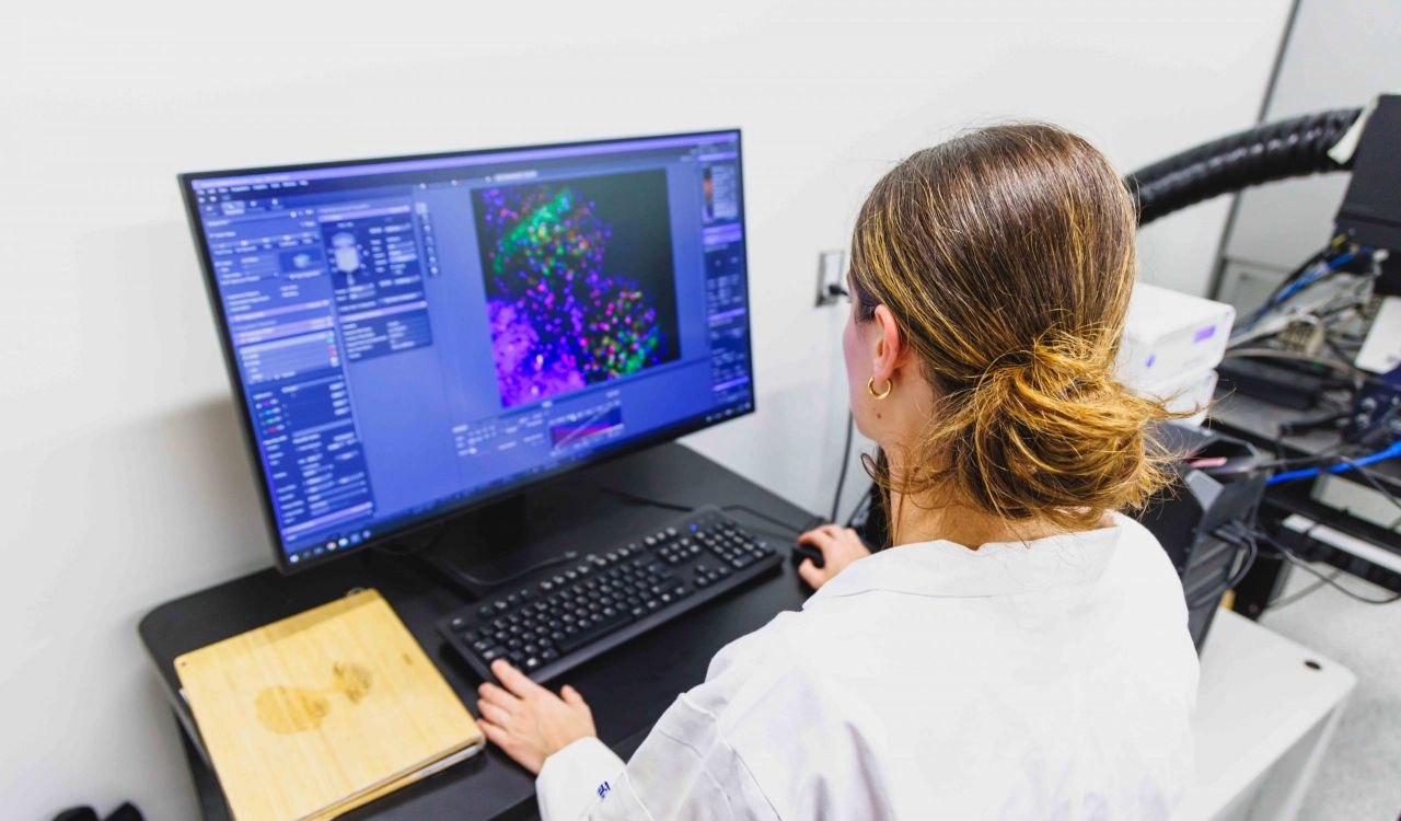 A woman sits in front of a laptop working on research.