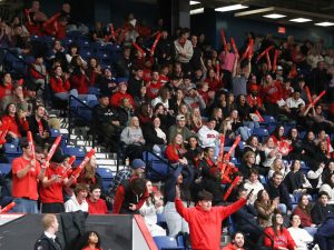 A crowd watches a basketball game.